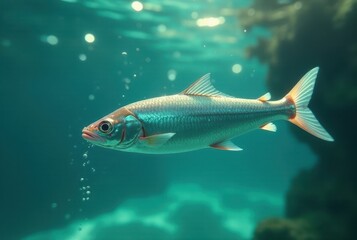 Fototapeta premium A shimmering aquatic creature gracefully glides through the vibrant underwater world, its scales reflecting the sunlit depths