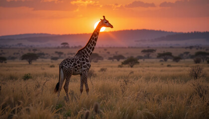 Obraz premium Giraffe Walking Through a Golden Savanna at Sunset