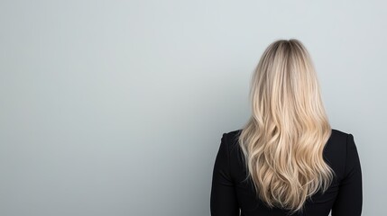 Professional studio capturing the back view of a person with long blonde hair against a soft grey backdrop during a photography session for portraits