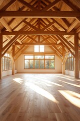 A large room with wooden beams and windows, featuring an empty space for artistic expression. The floor is made of light-colored wood, creating a warm atmosphere in the bright environment. 