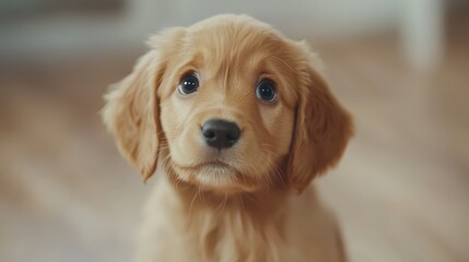 In a cozy indoor atmosphere filled with warmth, a puppy gazes longingly at the camera, its big eyes filled with a heartfelt plea during the lovely afternoon hours