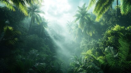 Sunbeams through lush tropical jungle