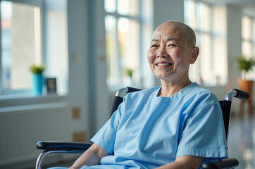 Fototapeta premium Bald Woman Patient in Blue Gown Smiling in Bright Hospital Environment