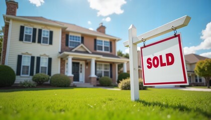 Sold sign in front of suburban house under blue sky, symbolizes successful real estate deal
