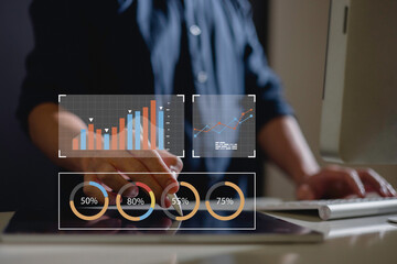 Businessman touch investment growth graph chart and analysing growth achievement diagram data...