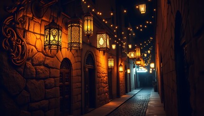 Fototapeta premium Enchanted Night Alley: Warm Glowing Lanterns Illuminate a Mysterious Medieval Stone Street, Digital Pixel Art