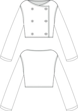 collarless round neck boat neck loose long sleeve double breasted buttoned chort fit jacket cardigan template technical drawing flat sketch cad mockup fashion woman design style model 
