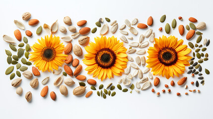 Seeds and nuts. A sheet of paper neatly arranged with seeds pumpkin, sunflower and nuts. Healthy eating. Vegetarian food illustration