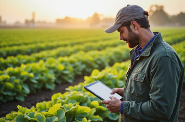 Farmer Using Tablet to Monitor Crop Health in Smart Agriculture Setup