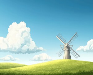 Tranquil Windmill Landscape Under Blue Sky