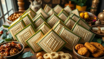 Green And Brown Diamond Shaped Pastries Arranged On Wooden Table With Assorted Cookies And Sweets