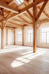 A large room with wooden beams and windows, featuring an empty space for artistic expression. The floor is made of light-colored wood, creating a warm atmosphere in the bright environment. 