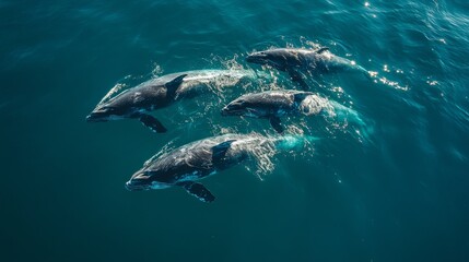 Majestic grey whales migration aerial view in pristine ocean waters