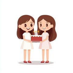Fototapeta premium Birthday celebration card featuring two happy girls with a cake decorated with candles in a cheerful design suitable for a young girl's special day