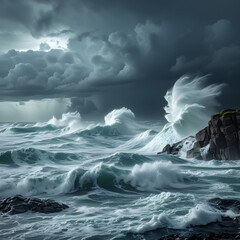 Fototapeta premium Experience the tranquil beauty and rhythmic motion of the surging tide at golden hour with this captivating high-resolution image.