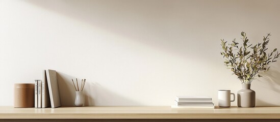 A front view of a workspace featuring a wooden desk.