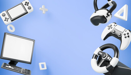 Video games 3d blue background with joystick, portable console, vr glasses, computer, gamer keyboard, steering wheel render. Tech banner with realistic electronic joypad and gamepad. 3D illustration