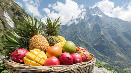 A vibrant basket of tropical fruits set against a stunning mountain landscape.