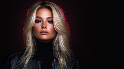Striking portrait of a woman with long blonde hair and dramatic makeup captured in a stylish dark setting highlighting her features and expression
