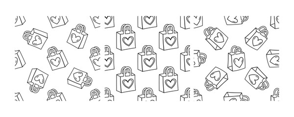 Seamless black and white pattern with hand drawn eco shopping bags