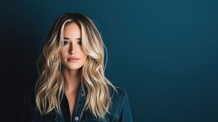 Professional portrait of a young woman with long wavy hair wearing a denim jacket against a dark blue background conveying confidence and poise