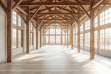 A large room with wooden beams and windows, featuring an empty space for artistic expression. The floor is made of light-colored wood, creating a warm atmosphere in the bright environment. 