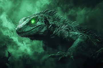A fearsome green lizard emerges from mystical fog