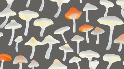 A Captivating Pattern of Detailed Mushrooms in Various Shades of White and Orange on a Dark Gray Background
