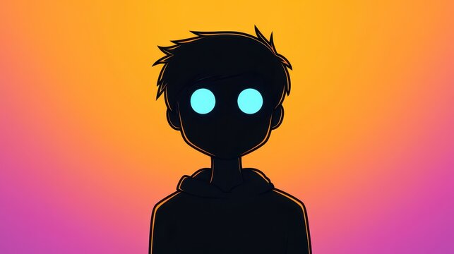 The profile picture showcases a striking silhouetted character with captivating, glowing eyes, set against a mesmerizing gradient backdrop of vibrant orange and purple hues