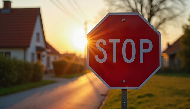 Stop sign against rural sunset landscape, road safety and caution symbol