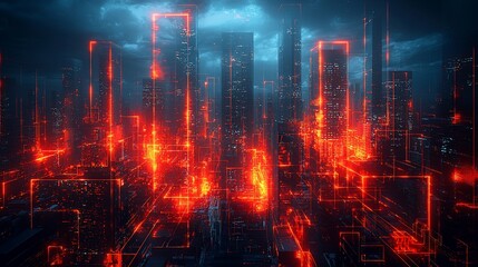 Fototapeta premium Futuristic cityscape at night illuminated by neon lights, showcasing advanced technology and urban life