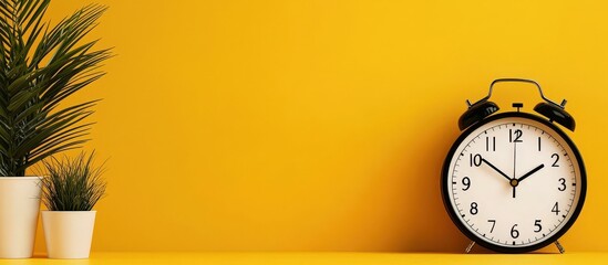 A vibrant yellow background highlights a wall clock.