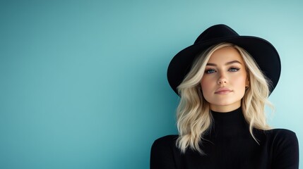 Confident young woman in black outfit and wide-brimmed hat poses against a vibrant blue background in a contemporary setting, showcasing a modern style and elegant demeanor