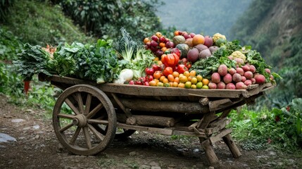 A rustic wooden cart brimming with an assortment of vibrant vegetables, showcasing nature's bounty