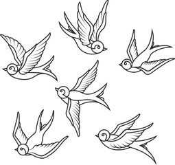 Set of swallow tattoo templates isolated on white background. Bird icons. Vector illustration.