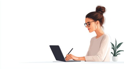 Brightly illuminated workspace featuring a cheerful adult woman engaging with a laptop while taking notes in a cozy indoor setting