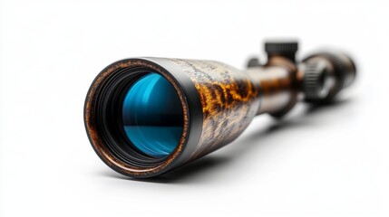 Close-up of rifle telescope with blue lens for sporting equipment design