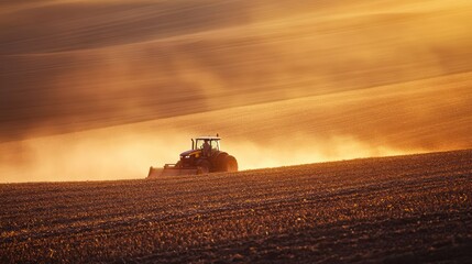 Tractor Working in Field at Sunset