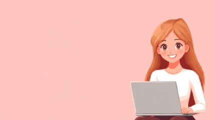 Cheerful fair-skinned avatar with long hair working on a laptop in a simple pastel setting while smiling and enjoying the creative process of content creation