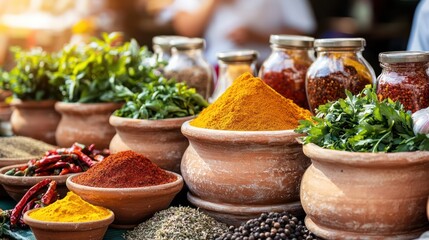 Fototapeta premium Colorful spices and herbs displayed in pots at a market for culinary use.