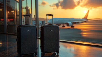 Elegant black suitcases at airport terminal with plane and sunset in background