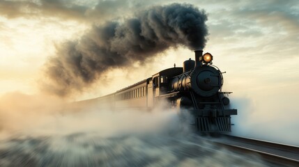 As the steam locomotive chugs along through a mist-shrouded landscape at dawn, it evokes feelings of nostalgia and adventure, transporting us to a timeless world filled with wonder