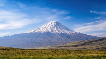A majestic mountain, adorned with a pristine blanket of snow, towers against a brilliant blue sky. This tranquil landscape beautifully showcases the grandeur and breathtaking beauty of nature