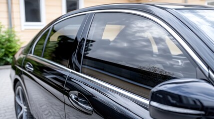 Obraz premium Close-up of a sleek black car with tinted windows and polished details.