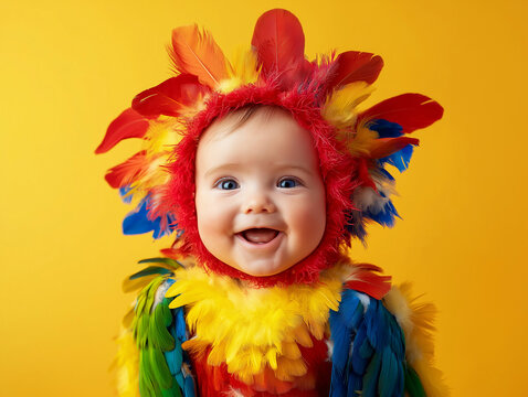 Naklejki studio portrait of happy baby wearing parrot costume, isolated on colour background