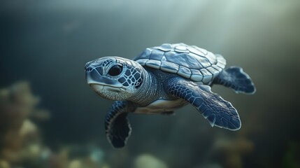 Obraz premium Small Baby Sea Turtle Swimming Gracefully in Clear Ocean Waters Surrounded by Vibrant Coral Reefs and Sunlight Rays