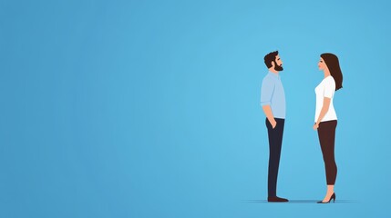 A short man openly reveals his deep affection for a tall woman during a sincere and touching moment, beautifully captured against a serene blue background