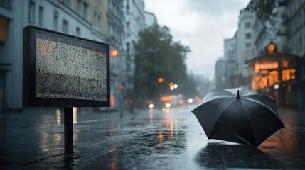  Rainy City Street with Glitching Billboard, Urban Scene with Distorted Display and Umbrella, , night reflections, urban tech, urban mood, atmospheric glitch, city vibes, digital errors