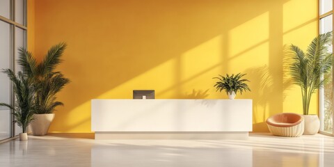 Modern Office Reception Area with Yellow Wall and Plants