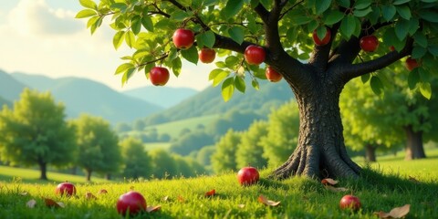 Lush Green Orchard with Ripe Red Apples on a Sunny Day in a Picturesque Valley